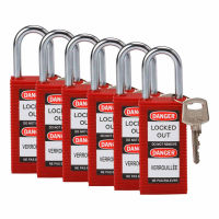 LONG BODY SFTY LOCK, 1.5" KD RED 6/PK