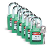 SFTY PADLOCK STEEL 38MM SHA GREEN 6/PAC