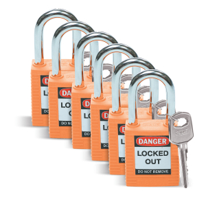 SFTY PADLOCK STEEL 38MM SHA ORANGE 6/PAC