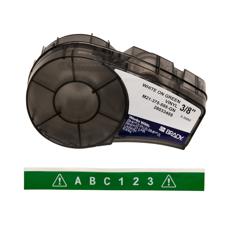 M21-375-595-GN | Glanzend Wit op Groen Vinyl met afmeting: 9,53 mm (B) x 6,40 m (L)