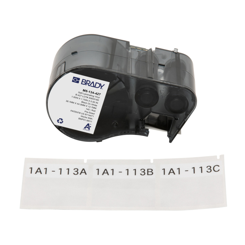 M5-134-427 | Mat Zwart op wit, transparant Zelflaminerend vinyl met afmeting: 44,45 mm (B) x 38,10 mm (H)