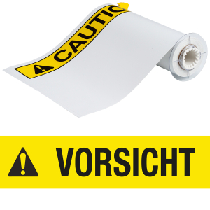 B85-254x356-7569-VORSICHT | Glanzend Zwart, geel op wit Vinyl met afmeting: 355,60 mm (B) x 254,00 mm (H)