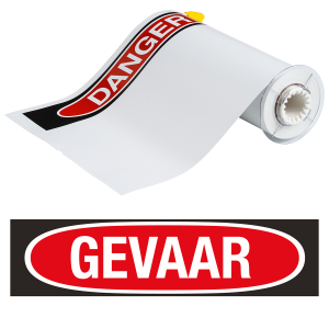 B85-254x356-7569-OS-GEVAAR | Glanzend Zwart & Rood op Wit Vinyl met afmeting: 355,60 mm (B) x 254,00 mm (H)